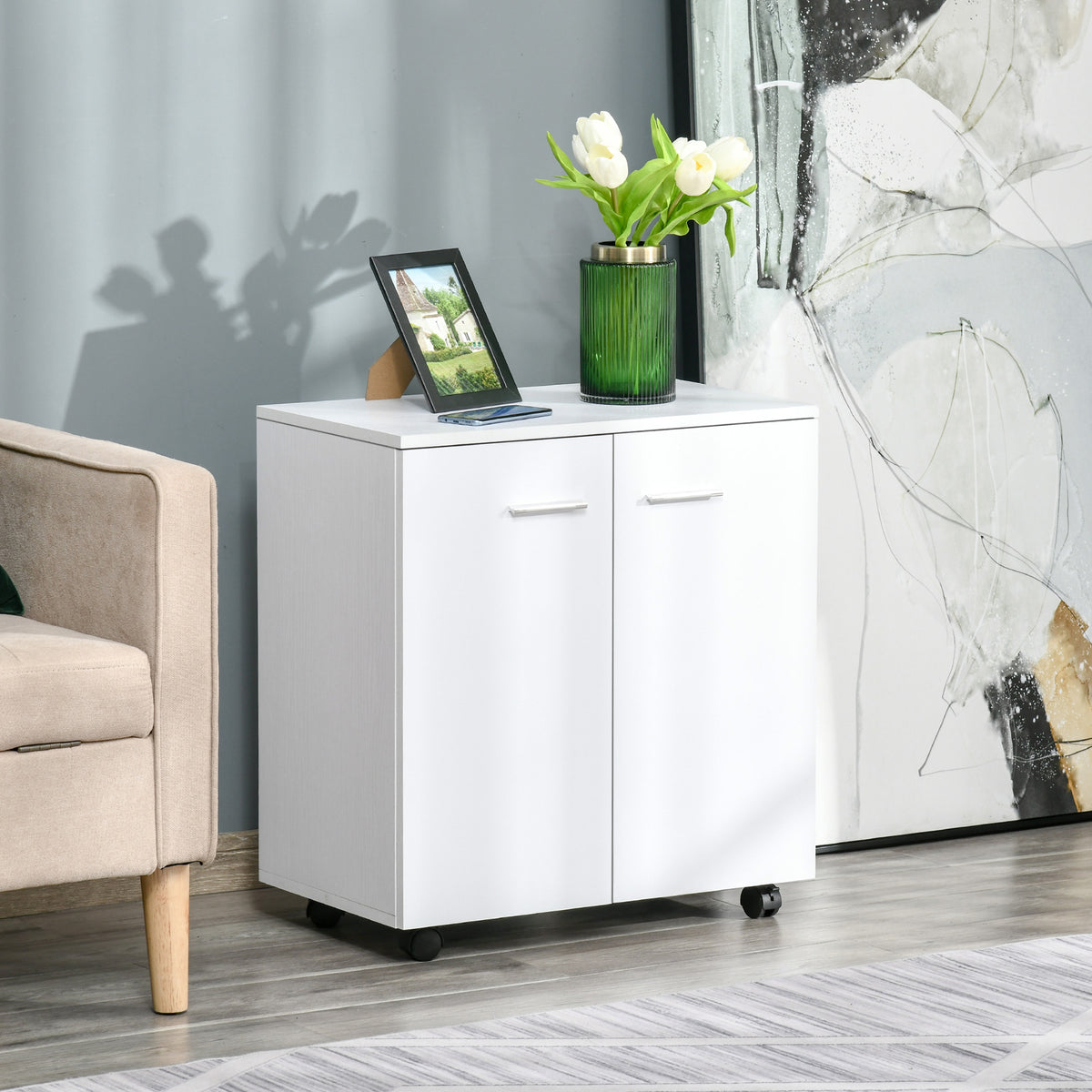 Meuble de Rangement Buffet bas sur roulettes avec 2 Portes étagère Interne pour salon, chambre, bureau 60 x 35 x 65 cm Blanc-1