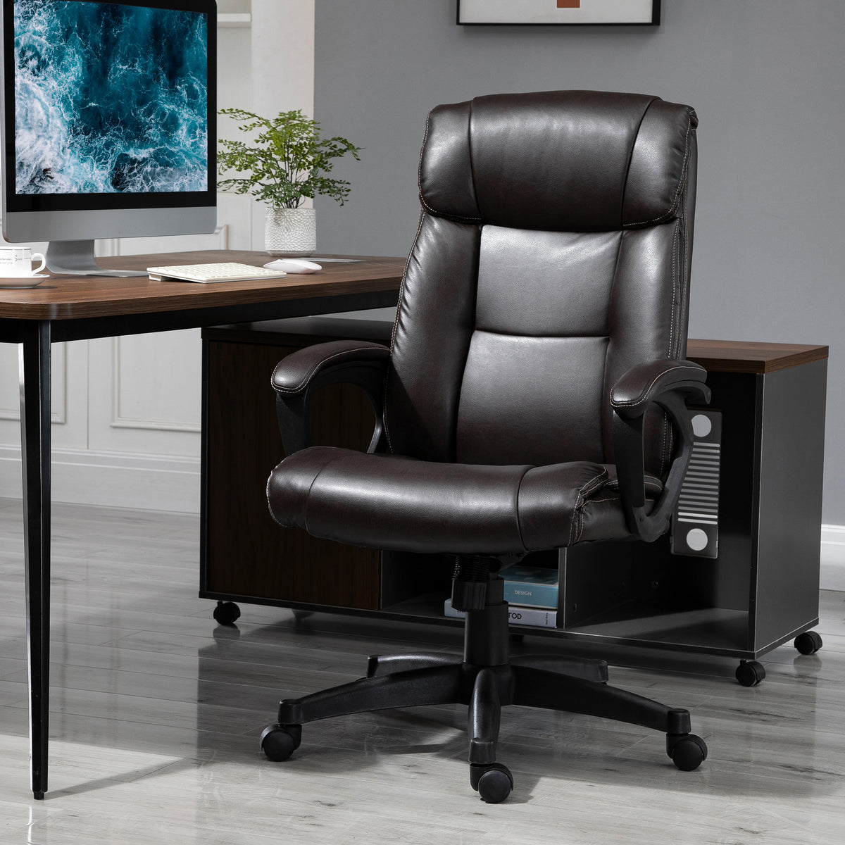Fauteuil de bureau chaise de bureau ergonomique réglable roulettes pivotant 360° revêtement synthétique PU 64 x 73 x 106-115,5 cm chocolat-1