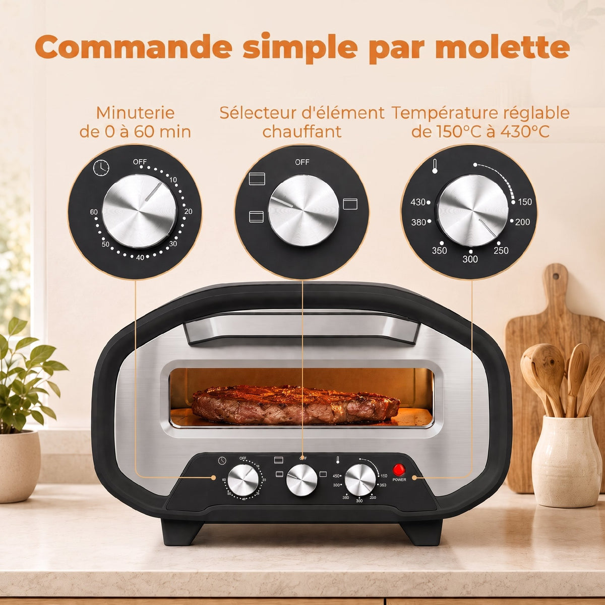 Four à Pizza Électrique d'Intérieur 2200 W jusqu'à 430°C, Pierre en Céramique Ø30,5 cm, Minuteur 60 min, Noir-4