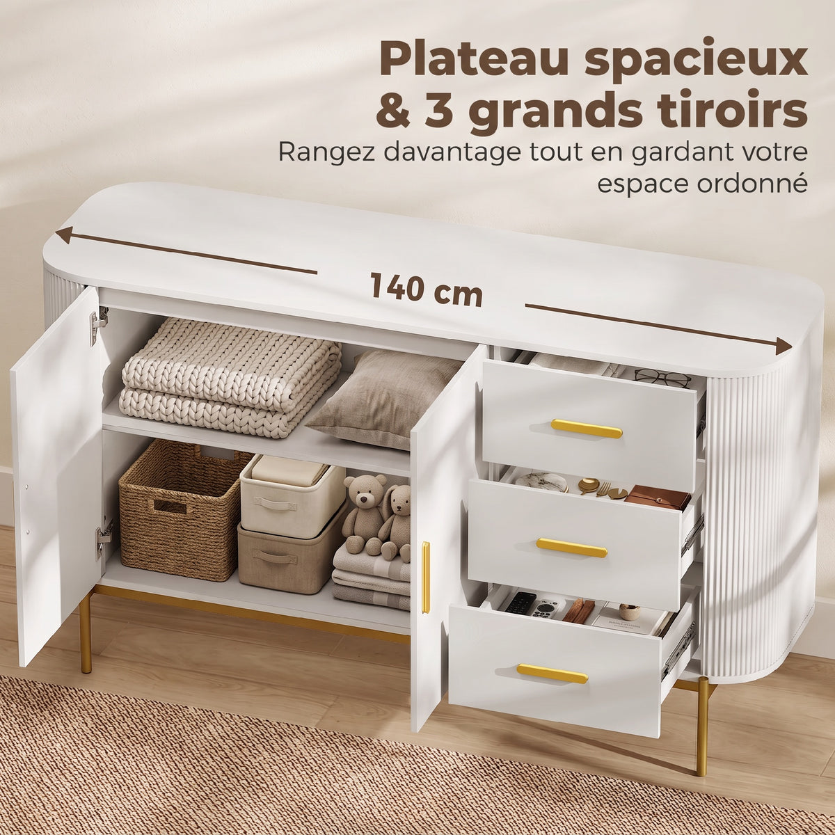 Buffet Salon, Meuble de Rangement avec 2 Portes, 3 Tiroirs, Étagère Réglable et Façade Rainurée, 140x44x79cm, Gris Clair-4