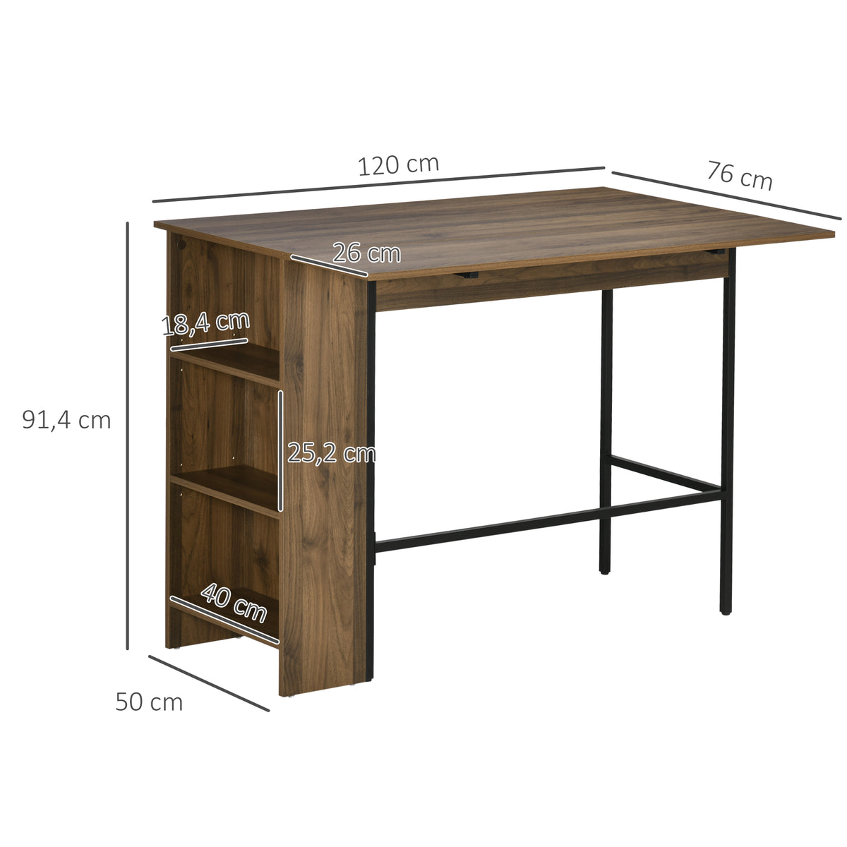 Ilot centra table de bar plateau latéral  rabattable et 3 étagères 120 x 76 x 91,4 cm marron-2