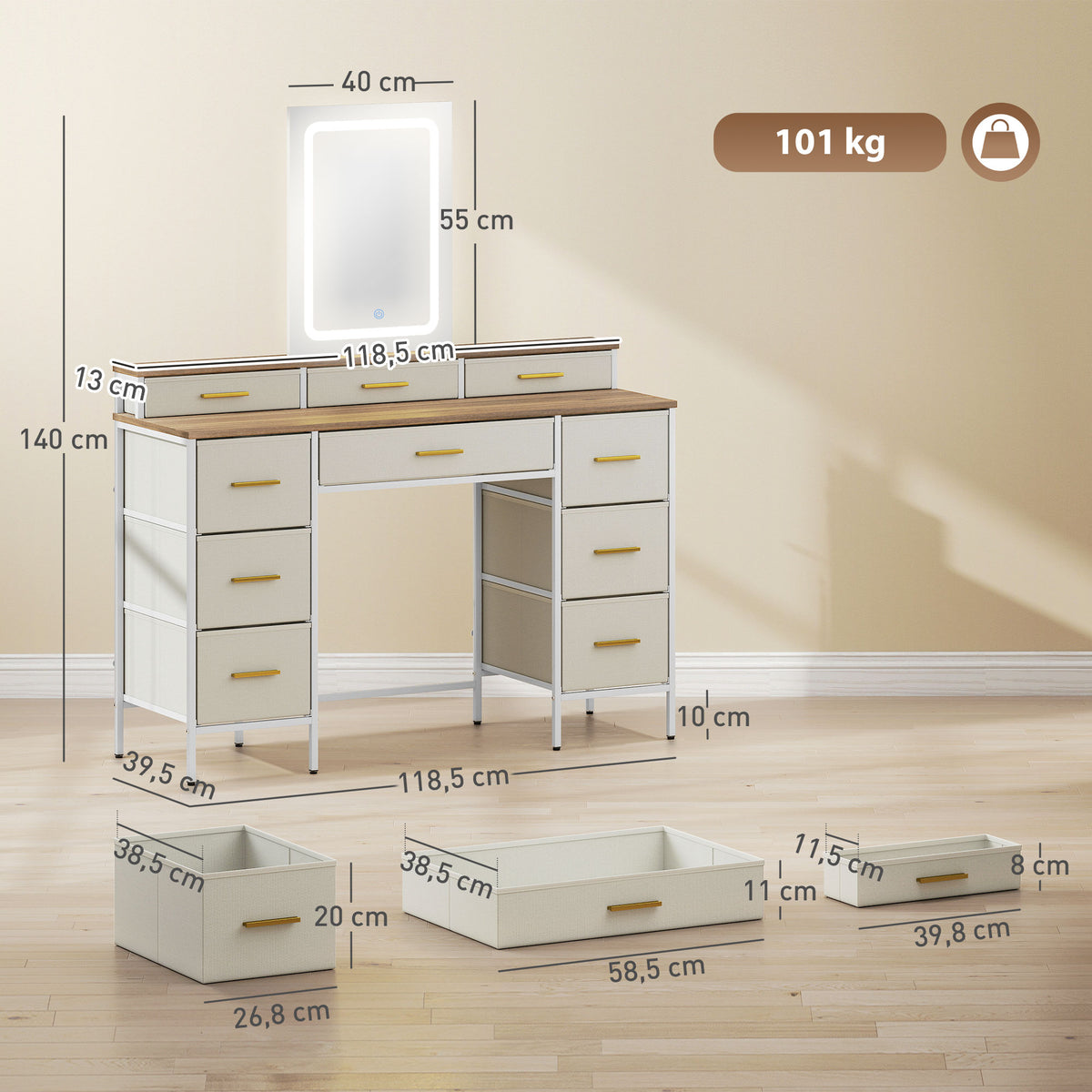 Coiffeuse avec miroir et lumières LED 3 couleurs, table de maquillage 10 tiroirs en tissu, 118,5 x 39,5 x 140 cm naturel-2