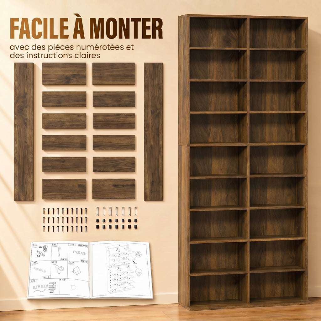 Rangements pour CD et DVD 18 compartiments capacité max. 640 CD/360 DVD 430 Blu-ray 78,5 x 24 x 175 cm noyer foncé-6