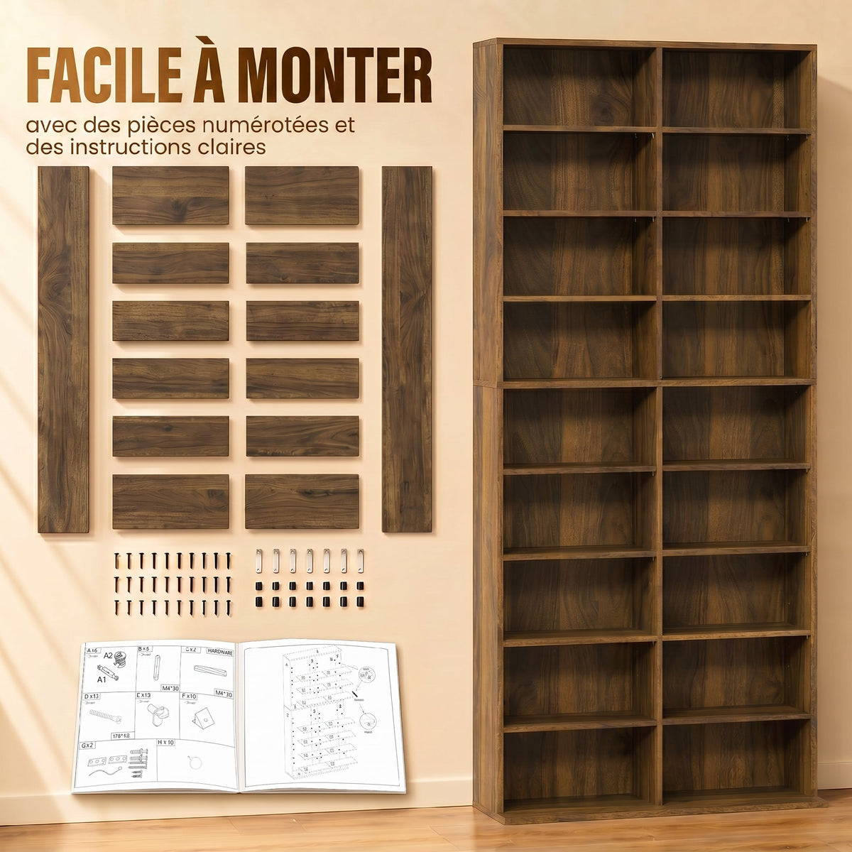 Rangements pour CD et DVD 18 compartiments capacité max. 640 CD/360 DVD 430 Blu-ray 78,5 x 24 x 175 cm noyer foncé-6