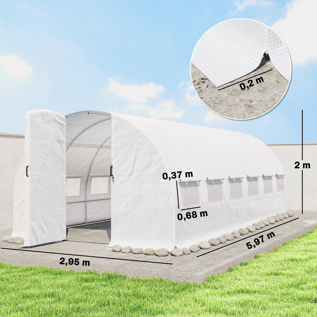 Serre Tunnel de Jardin 18m², Serre de Jardin Tunnel avec Porte et 12 Fenêtres avec Moustiquaires, 295x597x200cm, Blanc-2