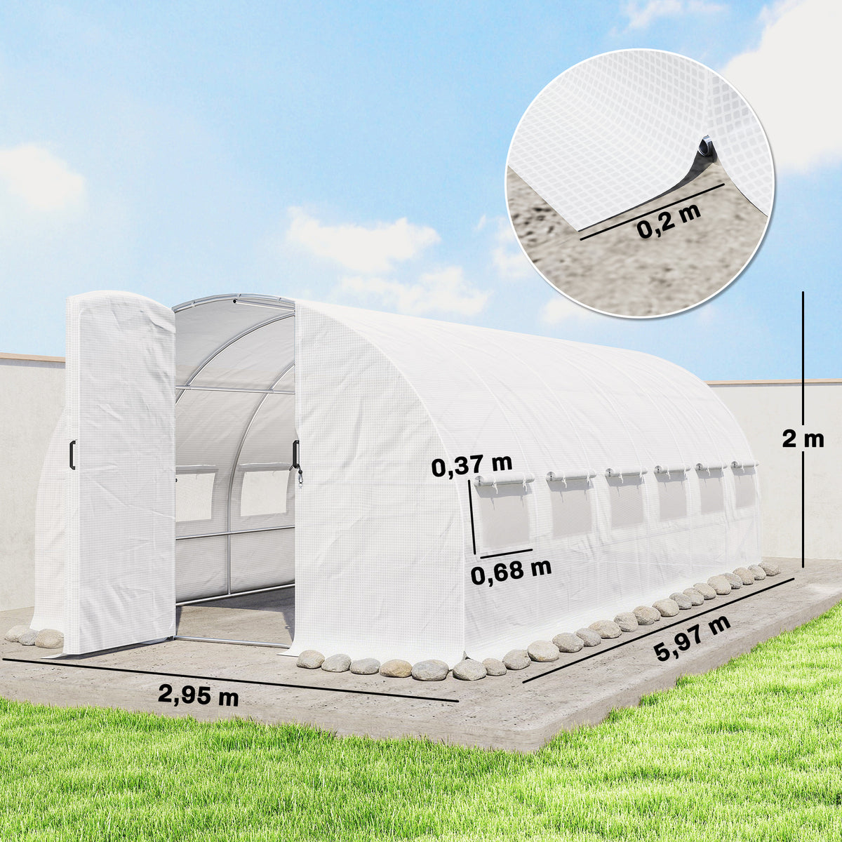 Serre Tunnel de Jardin 18m², Serre de Jardin Tunnel avec Porte et 12 Fenêtres avec Moustiquaires, 295x597x200cm, Blanc-2