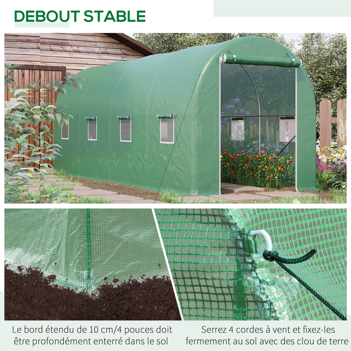 Serre de Jardin Tunnel Surface Sol 10 m² 5L x 2l x 2,05H m châssis Tubulaire renforcé Porte zippée 8 fenêtres enroulables Vert-4
