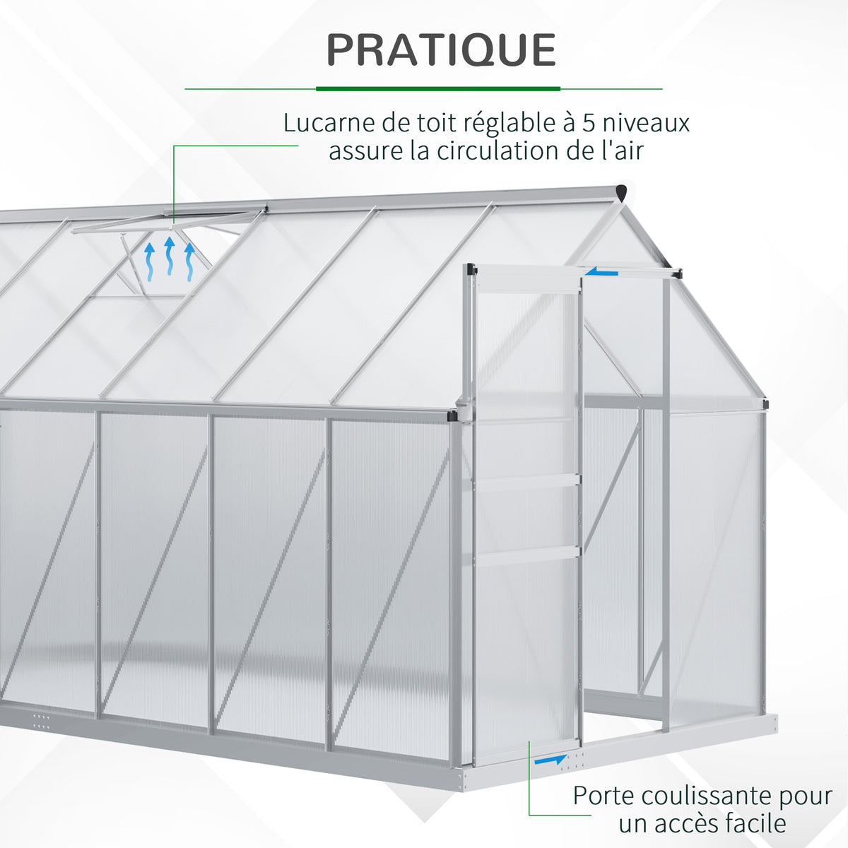 Serre de jardin 7,1 m² en aluminium polycarbonate avec fondation, 190 x 375 x 199 cm, serre avec fenêtre-4