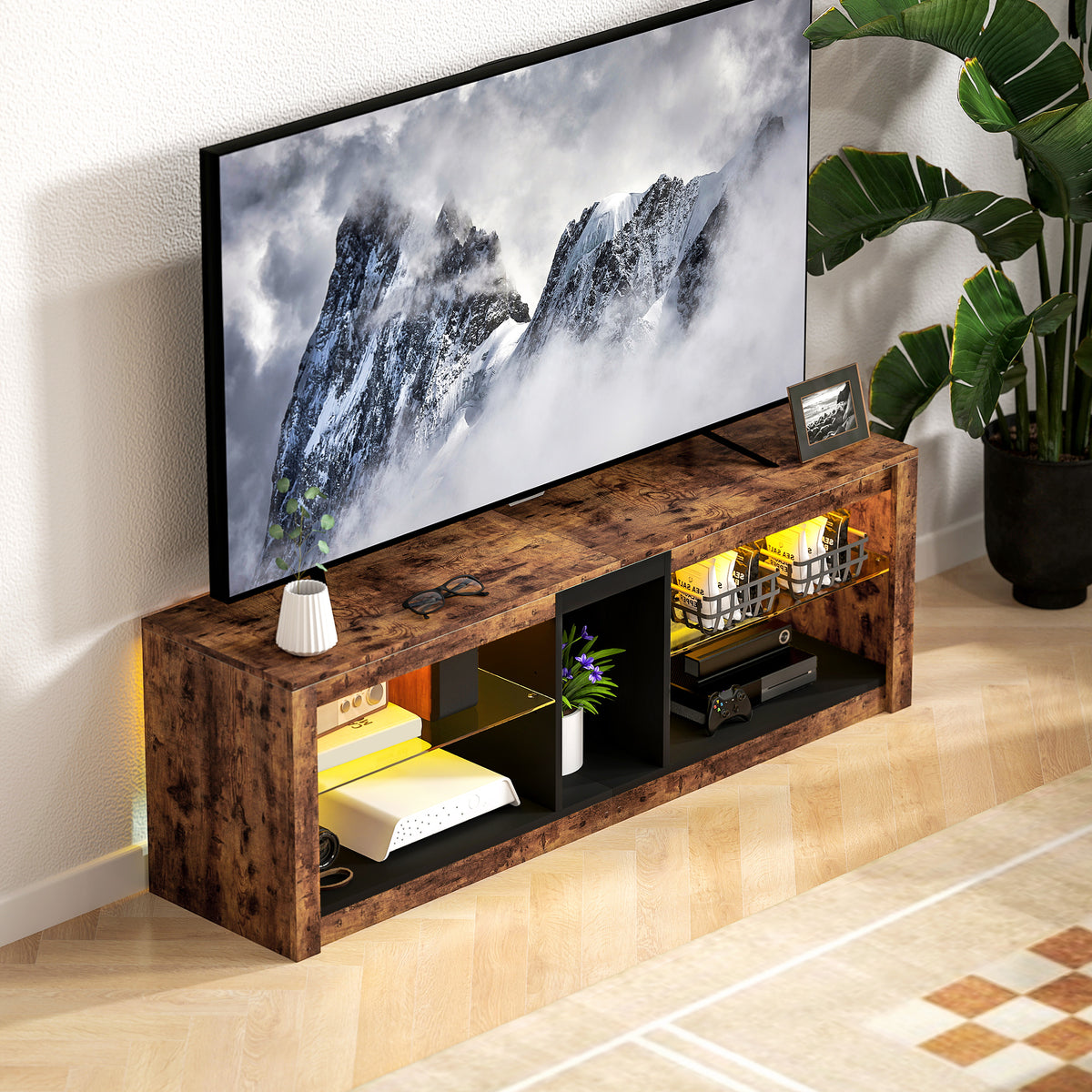 Meuble TV avec lumières LED et télécommande, étagères et compartiments ouvert, 140x35x47cm, marron-5