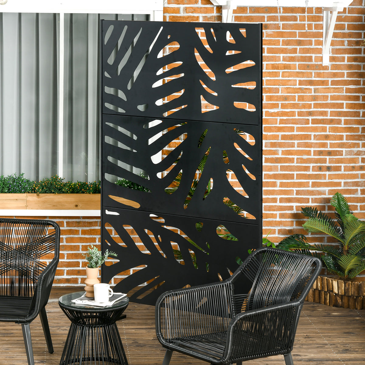 Panneau brise vue décoratif extérieur noir à motif végétal en métal - 122 x 45 x 198 cm-9