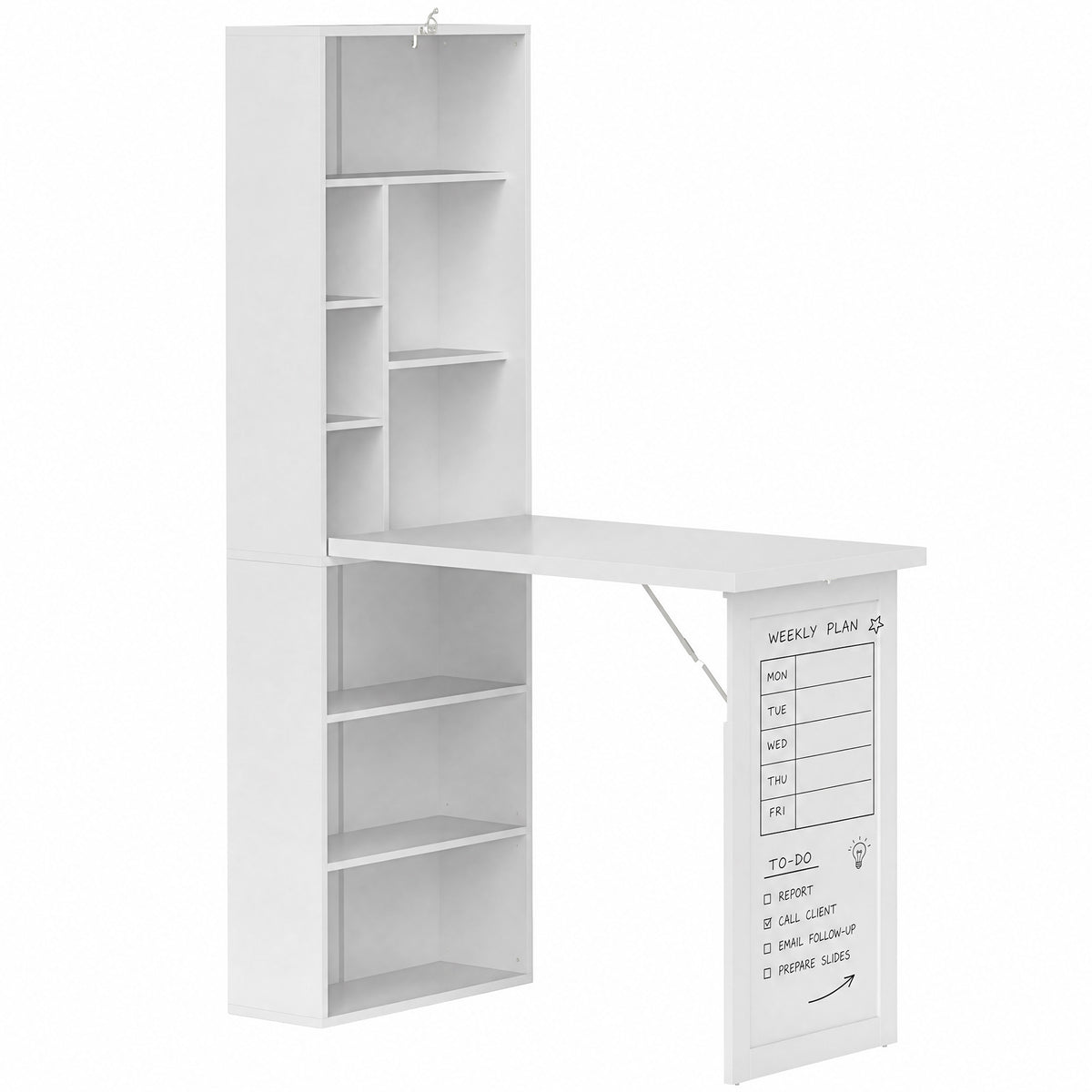 Bureau d'ordinateur pliable avec bibliothèque, poste de travail, tableau blanc et étagère réglable, 98x51x153cm, blanc-0