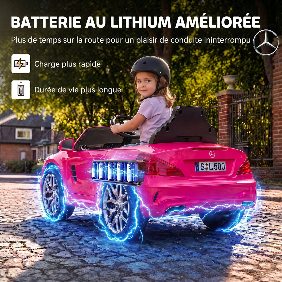 Voiture Électrique Enfants 12V Mercedes-Benz SL500, 3-5 km/h, 2 Moteurs, Télécommande 2,4G, pour 3-5 Ans, Rose-4