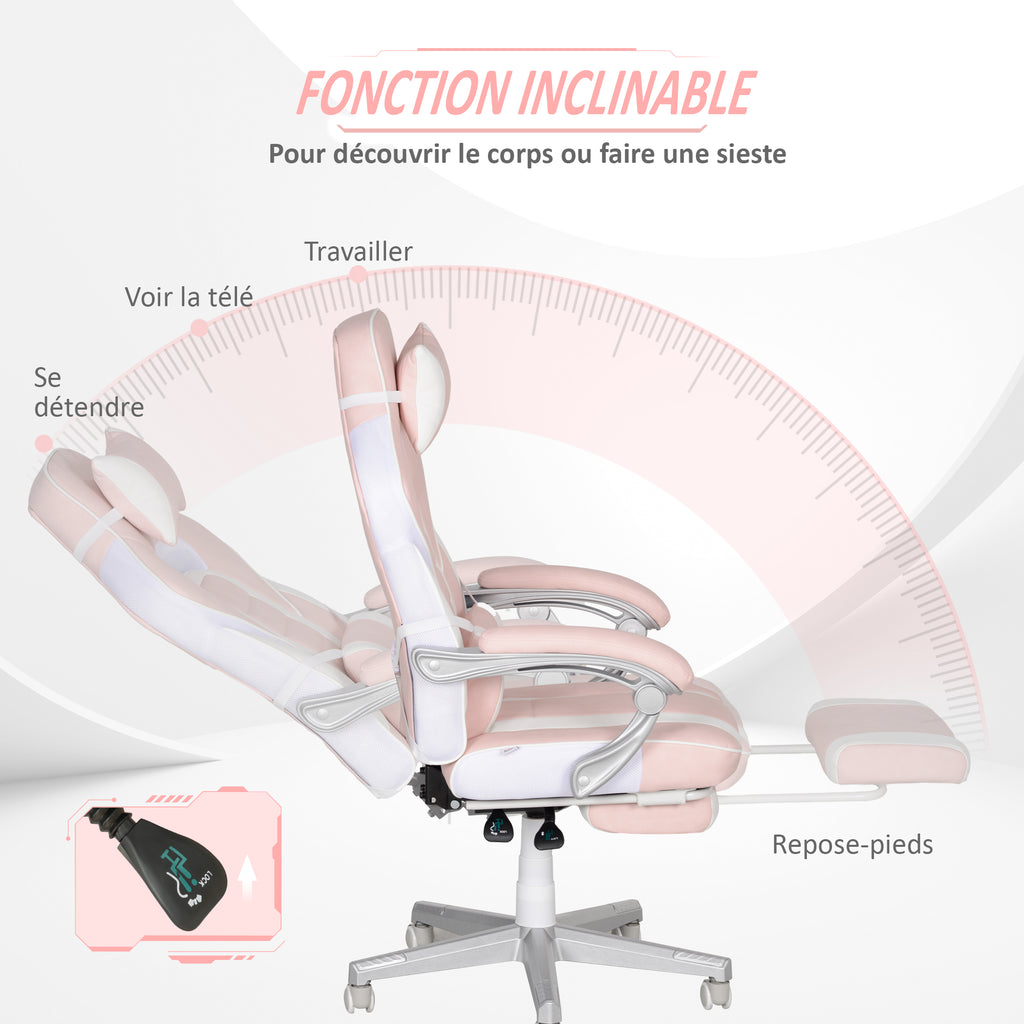 Chaise gaming, fauteuil gaming ergonomique avec repose-pieds, hauteur réglable, dossier inclinable, 63x63x123cm, rose-4