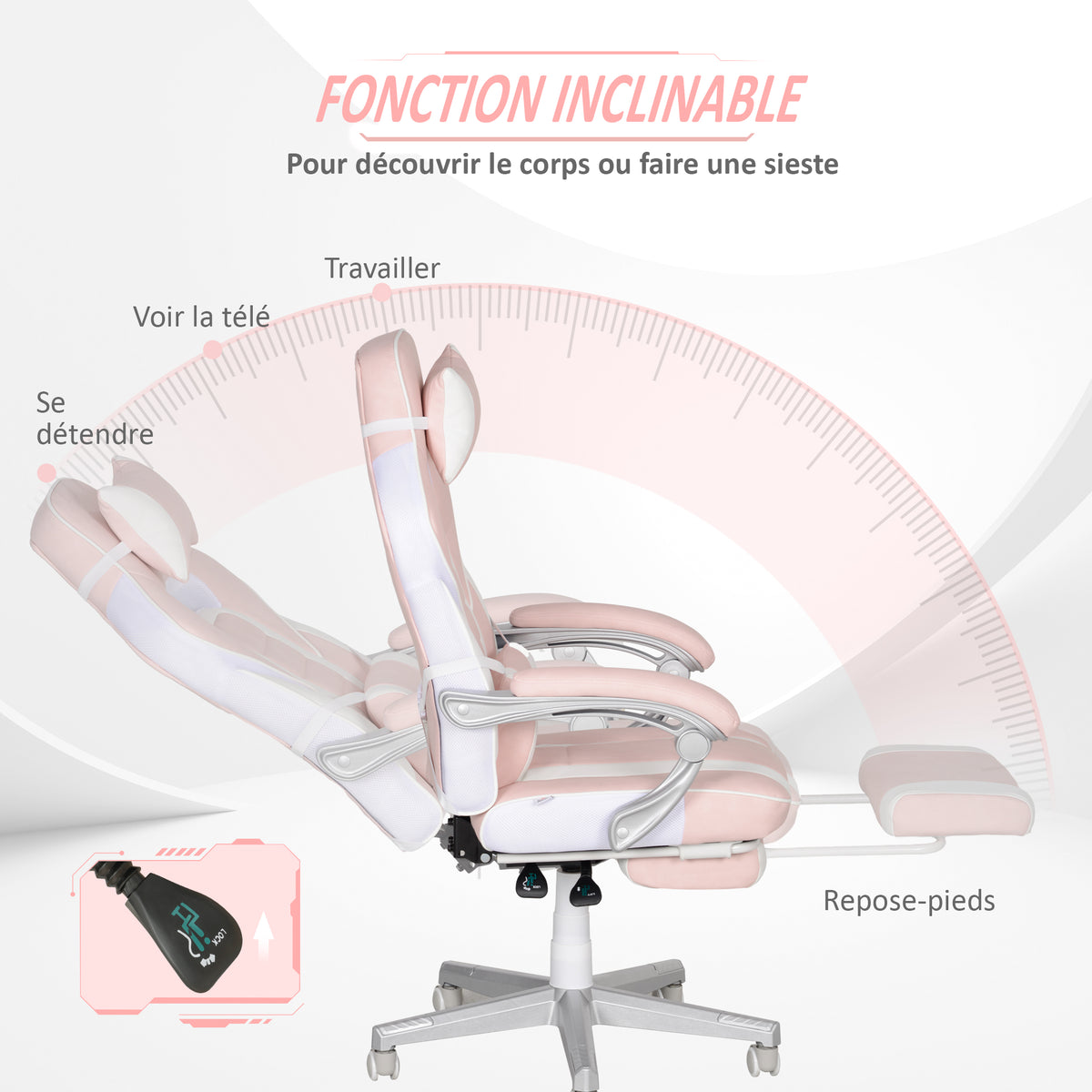 Chaise gaming, fauteuil gaming ergonomique avec repose-pieds, hauteur réglable, dossier inclinable, 63x63x123cm, rose-4