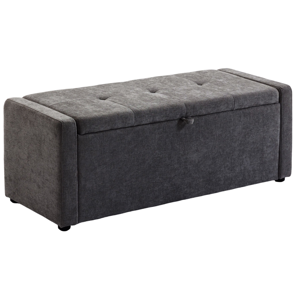 Banc de rangement, bout de lit, repose-pieds rembourré en lin avec assise large, 122 x 48 x 44 cm, gris foncé-0