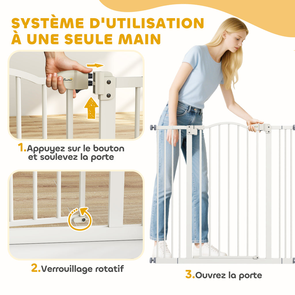 Barrière de sécurité pour chien extensible 74-100 cm fermeture automatique fixation par pression sans percer blanc-5