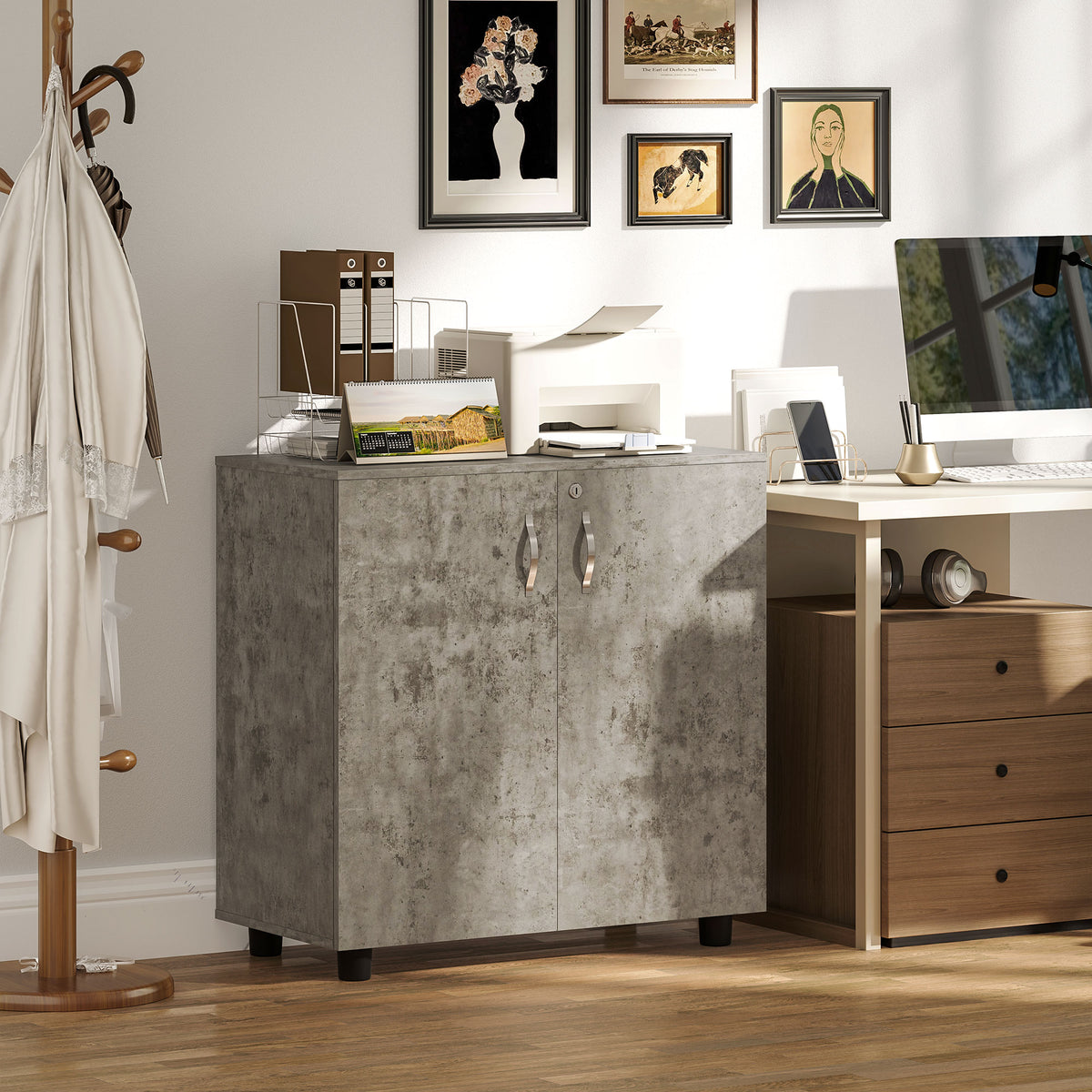 Armoire de Bureau à 2 Niveaux, Meuble de Rangement Bureau avec 2 Portes, Serrures et Clés, 80x40x80cm, Gris-8