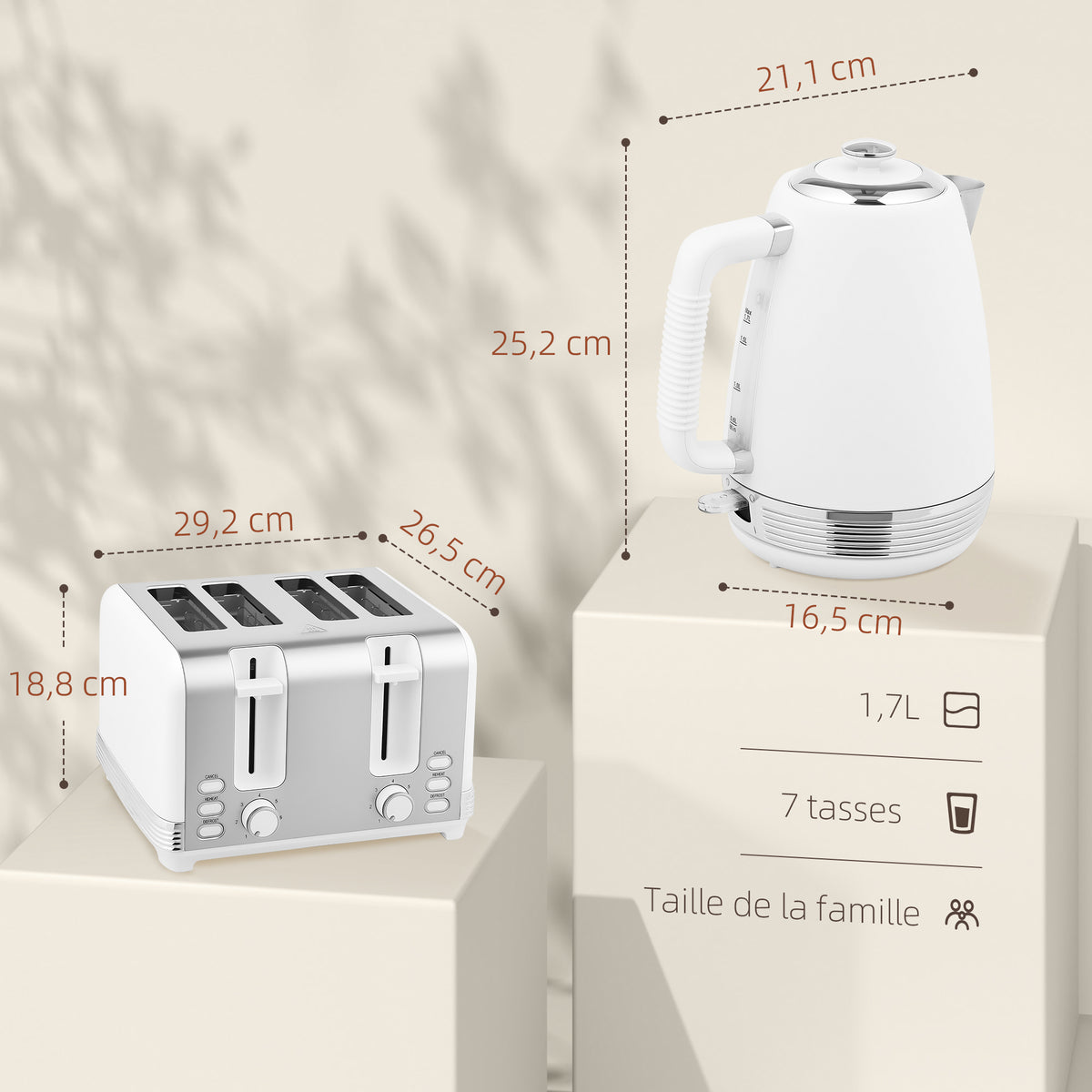 Ensemble bouilloire et grille-pain, bouilloire en acier inoxydable 1,7 L et 2200 W et grille-pain à 4 tranches, blanc-2