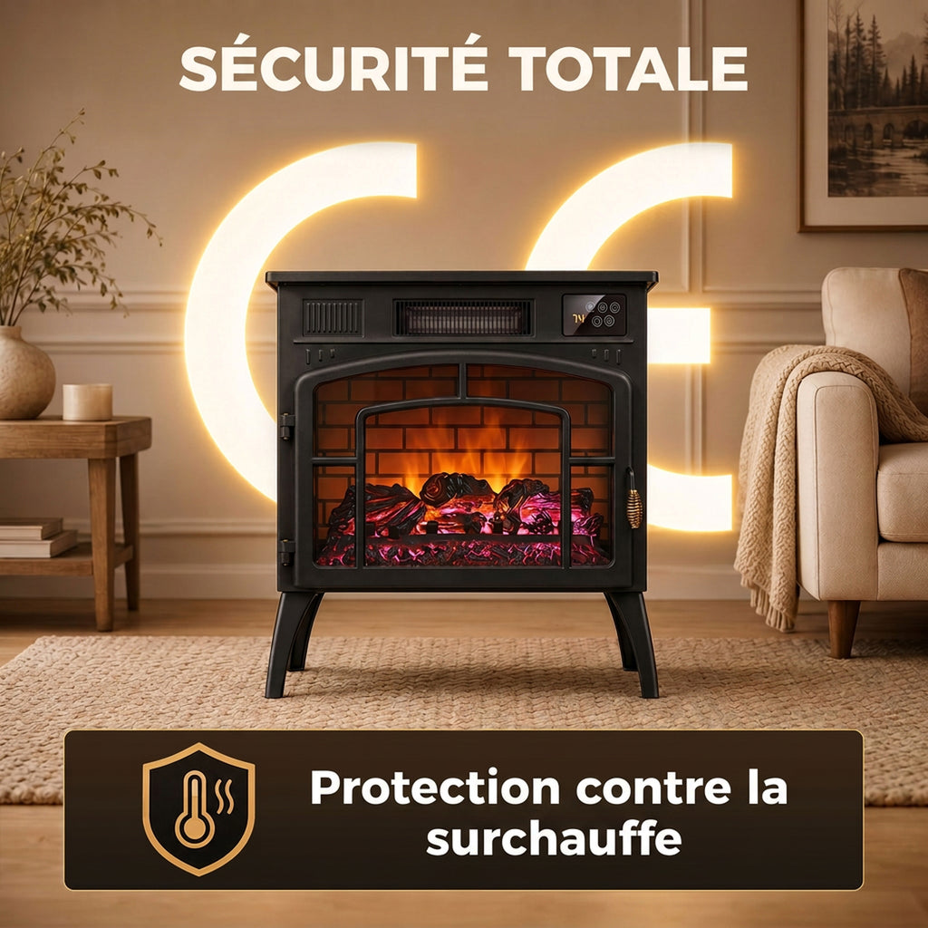 Cheminée Électrique Effet Flamme 3D Multicolore 1000W/2000W, Thermostat Réglable, Contrôle par Appli et Voix, Noir-6
