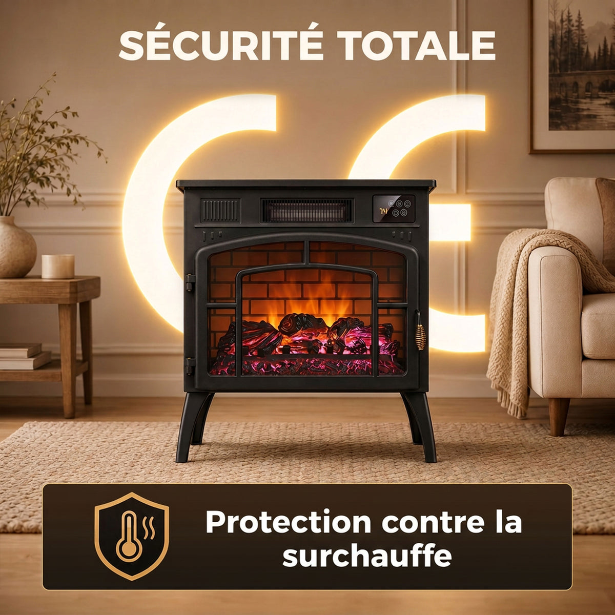 Cheminée Électrique Effet Flamme 3D Multicolore 1000W/2000W, Thermostat Réglable, Contrôle par Appli et Voix, Noir-6