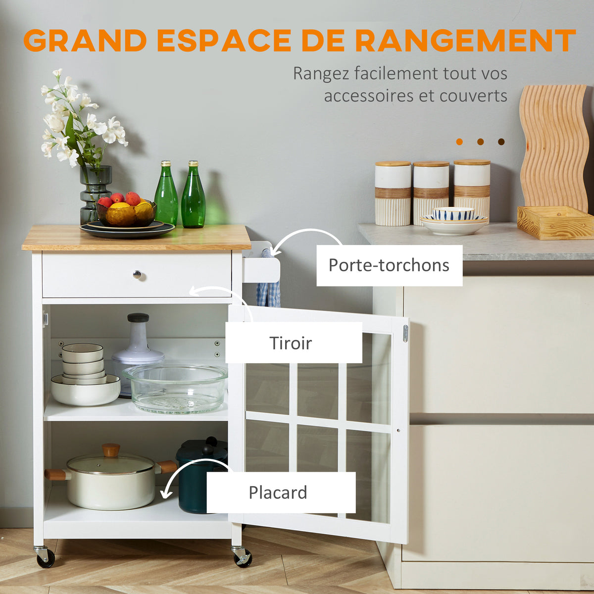 Desserte de cuisine à roulettes multi-rangement - placard porte vitrée avec étagère réglable, tiroir, porte-torchon - blanc aspect chêne clair-3