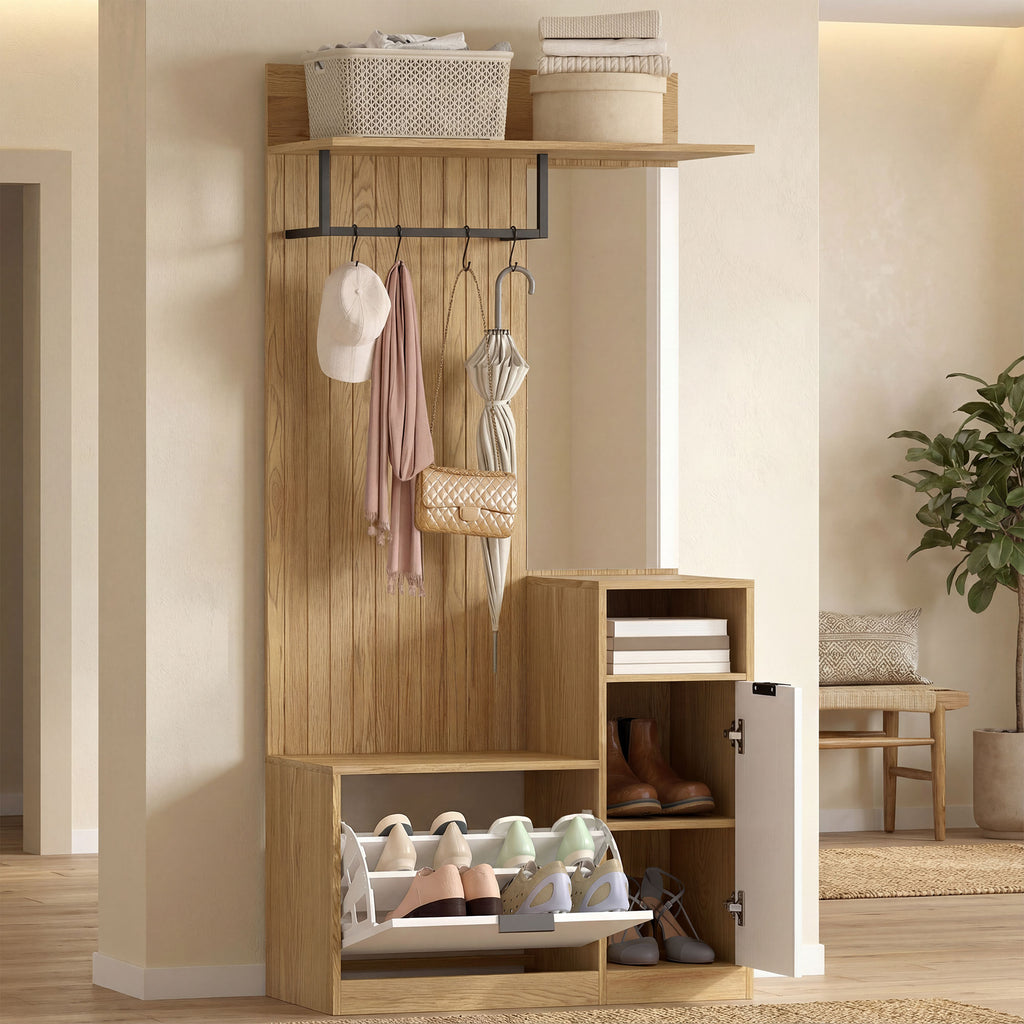 Meuble d'entrée 6 en 1, vestiaire d'entrée avec banc à chaussures rabattable, miroir, 80x36x168cm, chêne-9