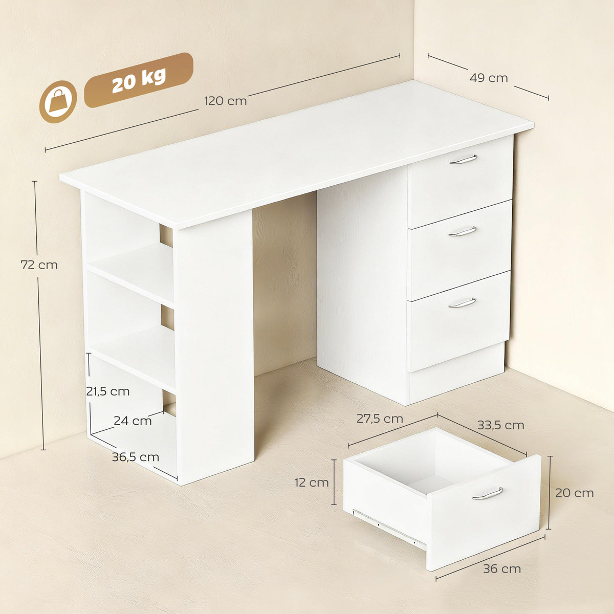 Bureau d'ordinateur avec 3 tiroirs et 3 étagères ouvertes, 120x49x72cm, bureau avec rangement réversible, style moderne, table informatique pour chambre, petit espace, télétravail, blanc-2