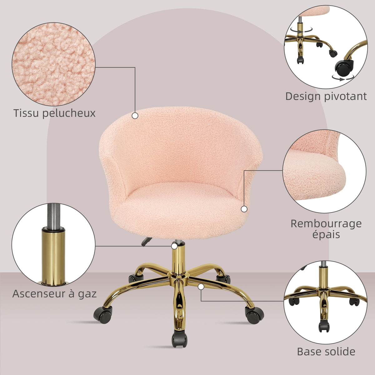 Chaise de bureau, fauteuil de bureau ergonomique réglable en hauteur, siège pivotante, piètement en acier, rose-4