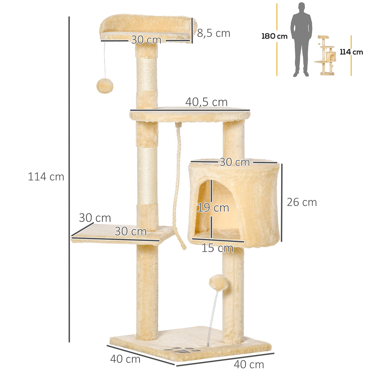 Arbre à chats multi-équipements griffoirs grattoirs plateformes niche corde jouets 40L x 40l x 114H cm beige-2