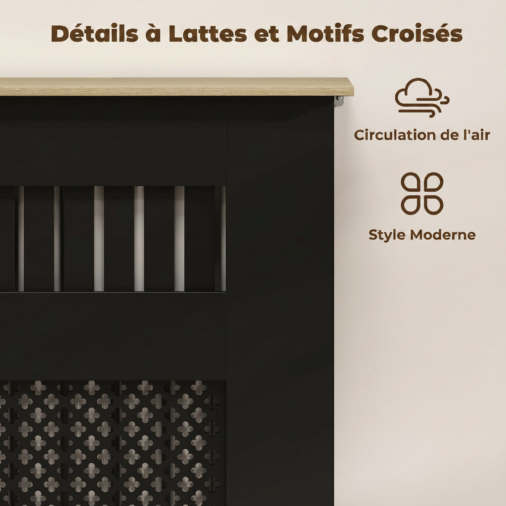 Couvercle de Radiateur en Bois à Lattes avec Détails Croisés et Étagère Supérieure, 78 x 19 x 81 cm, Noir-3
