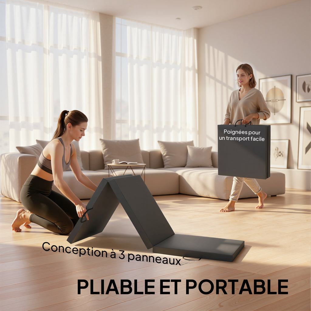Tapis de gymnastique yoga pilates fitness pliable en 3 panneaux avec poignées revêtement synthétique 180 x 60 x 5cm gris-3