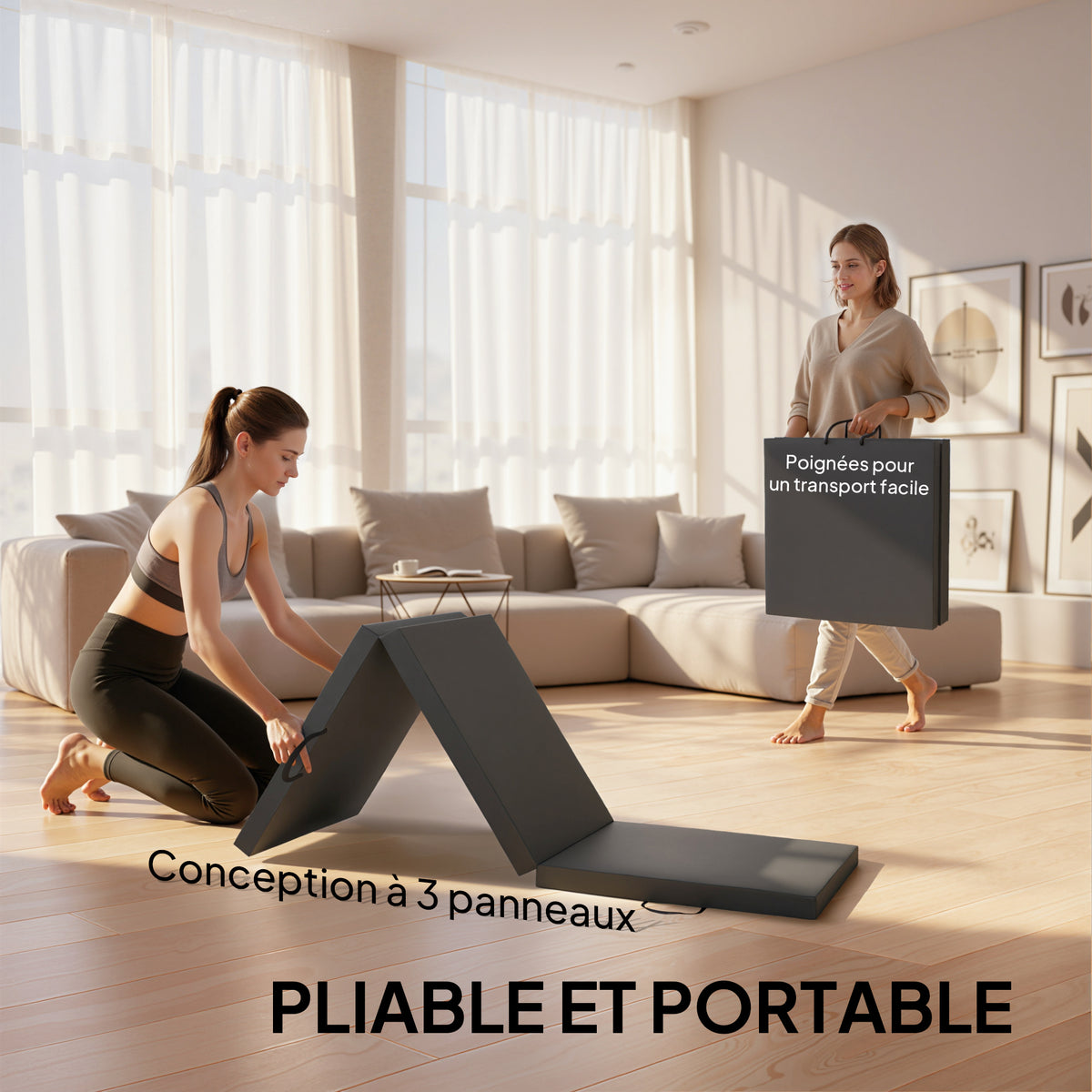 Tapis de gymnastique yoga pilates fitness pliable en 3 panneaux avec poignées revêtement synthétique 180 x 60 x 5cm gris-3