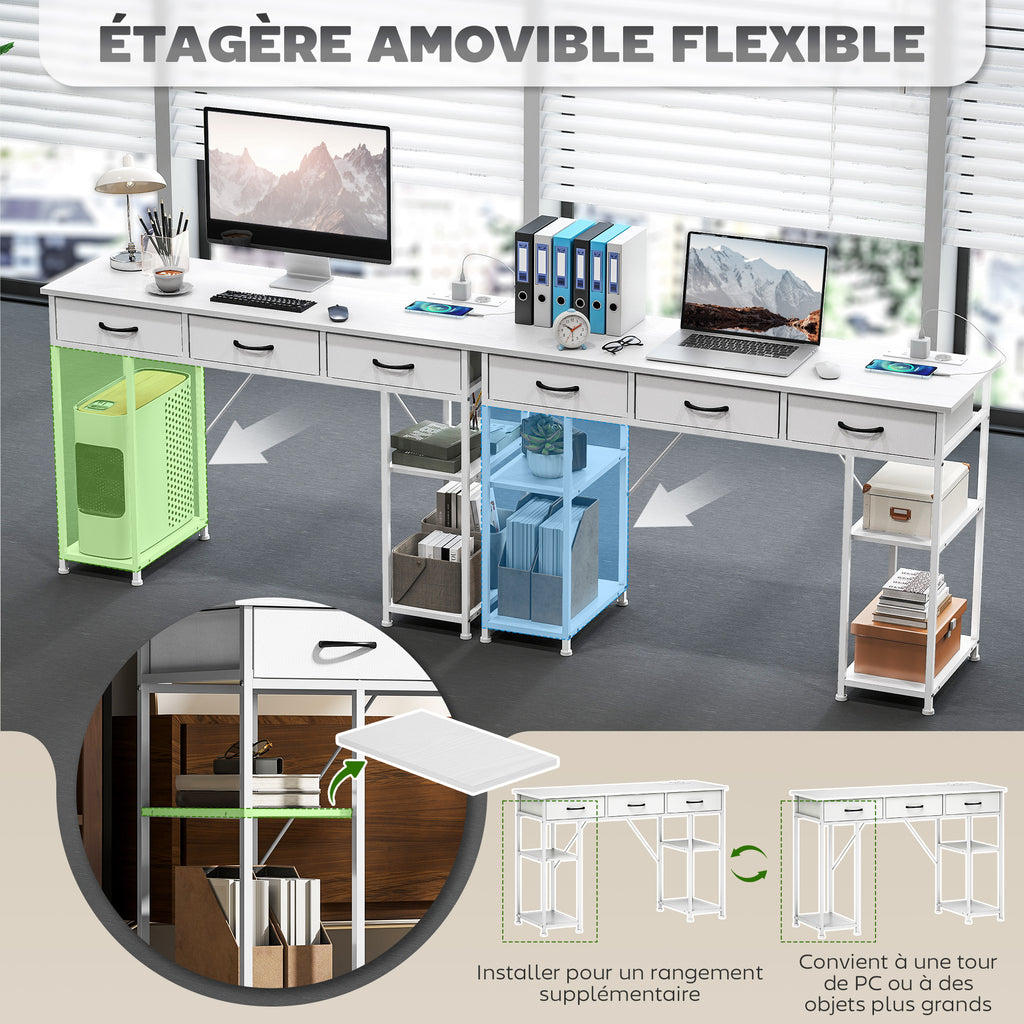 Bureau avec rangement avec prises de courant, 3 tiroirs en tissu et 4 étagères de rangement, 120 x 40 x 76 cm, blanc-5