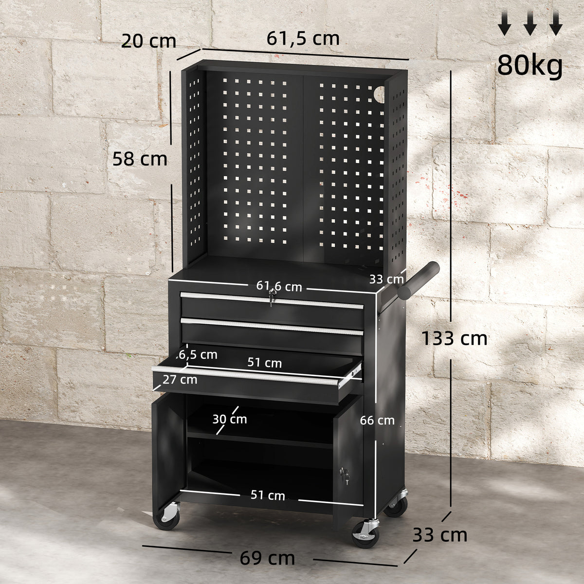 Servante d'atelier en acier à 3 tiroirs, chariot à outils sur roulettes, étagère réglable, panneau perforé, noir-2