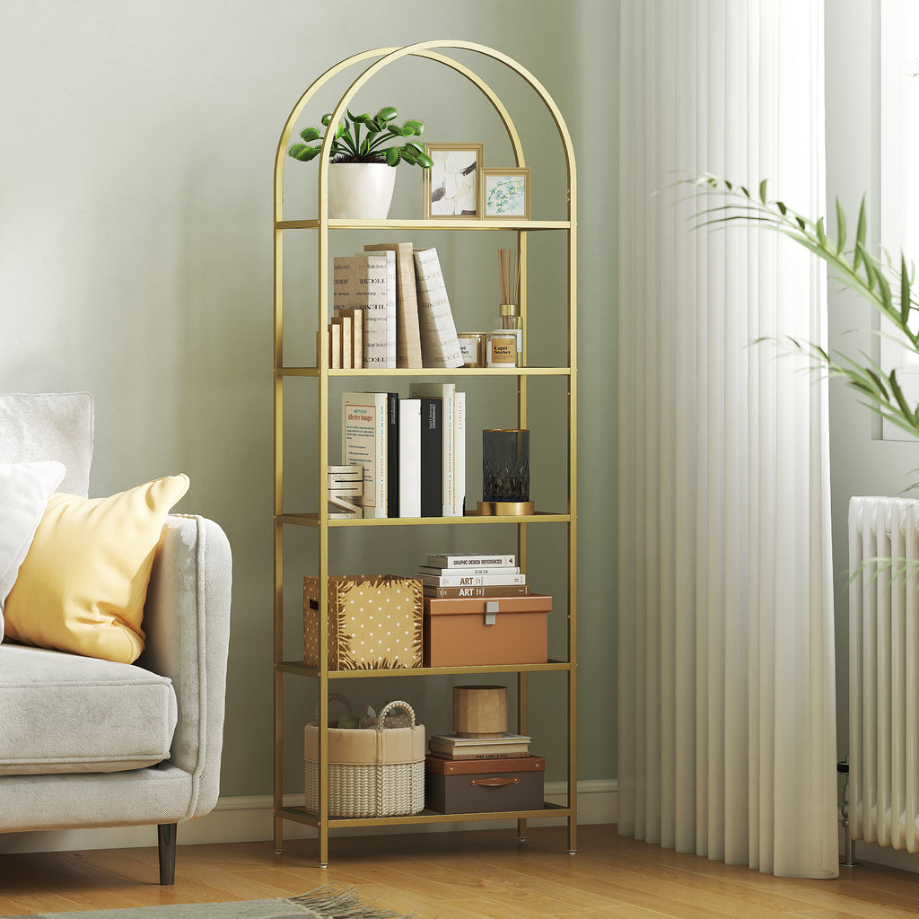 Bibliothèque étagère de rangement en verre à 5 niveaux arqué pour salon, bureau, chambre, 60 x 30 x 175 cm, doré-9