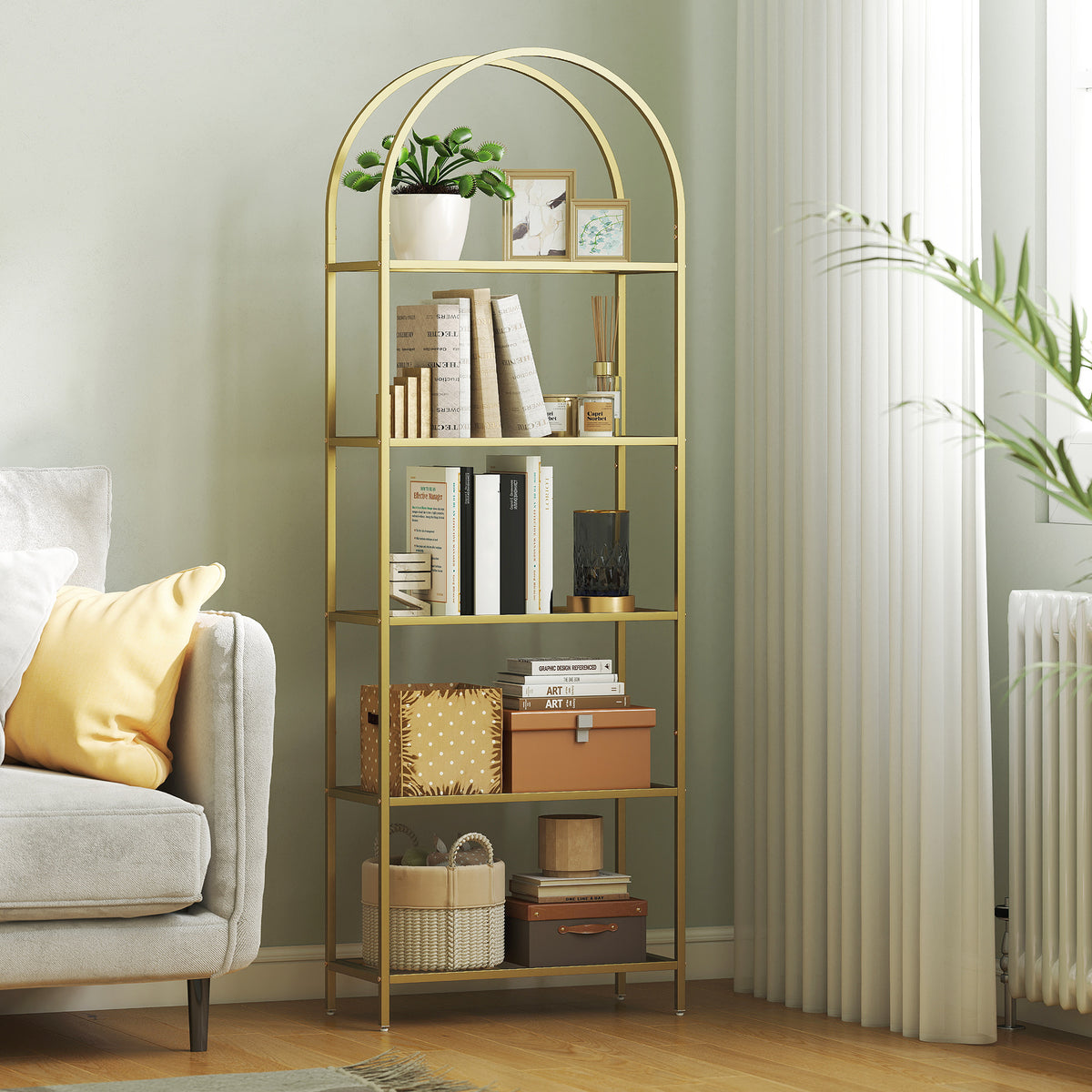 Bibliothèque étagère de rangement en verre à 5 niveaux arqué pour salon, bureau, chambre, 60 x 30 x 175 cm, doré-9