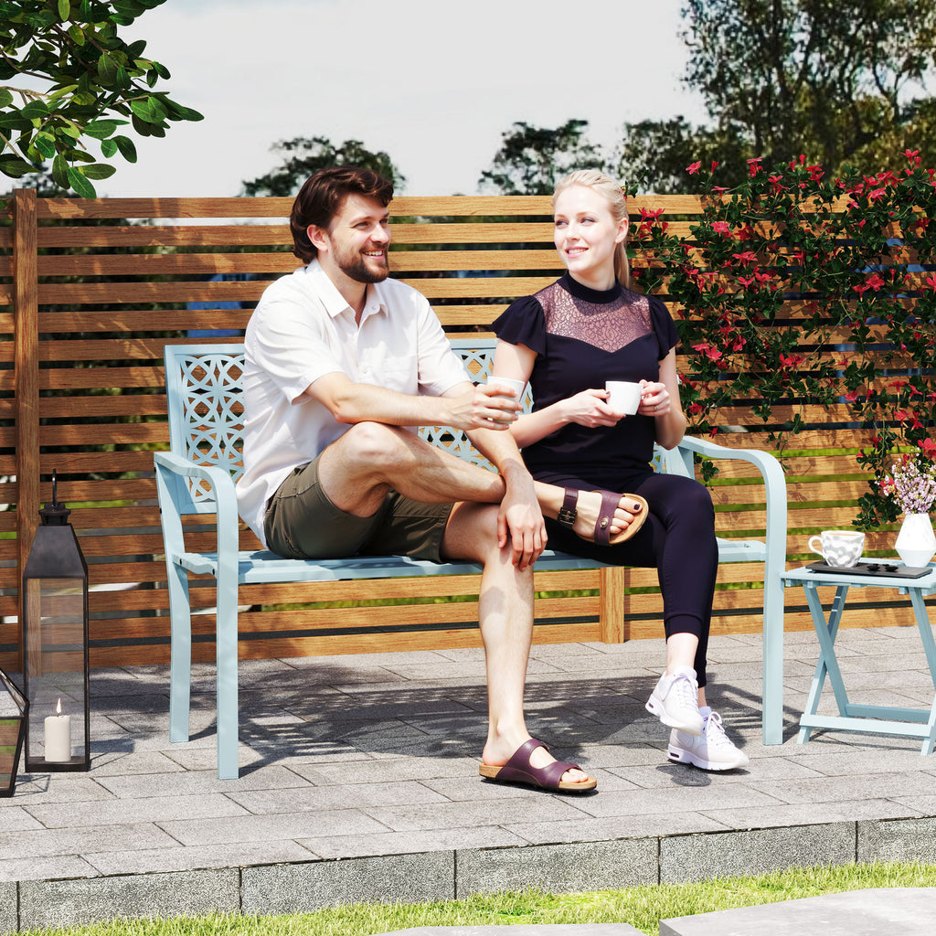 Banc de jardin 2 places, banc extérieur jardin en acier avec dossier ajouré, 127 x 63 x 85 cm, bleu-9