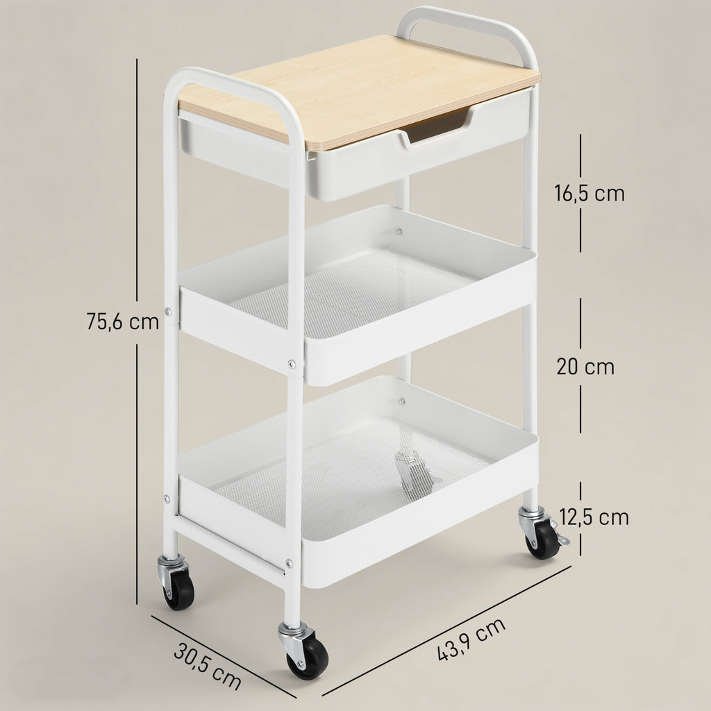 Desserte de cuisine chariot de service 2 étagères tiroir plateau aspect bois clair acier PP blanc-2