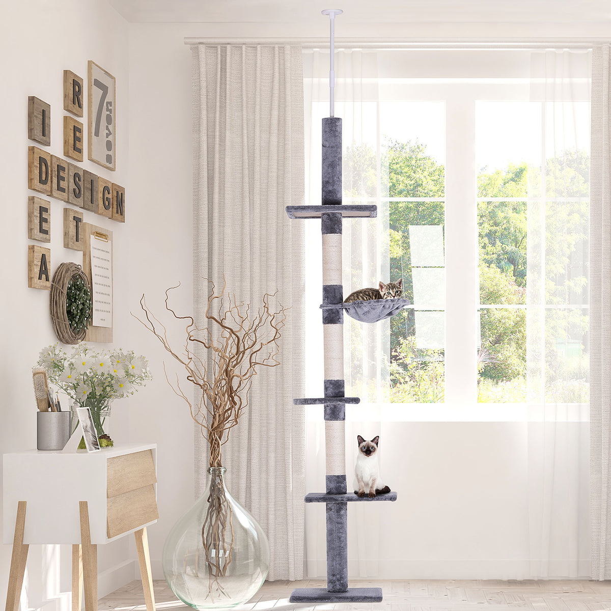 Arbre chat du sol au plafond poteau à griffer L40 x l 34 x H 230-260 cm 5 niveaux d'activités gris-1