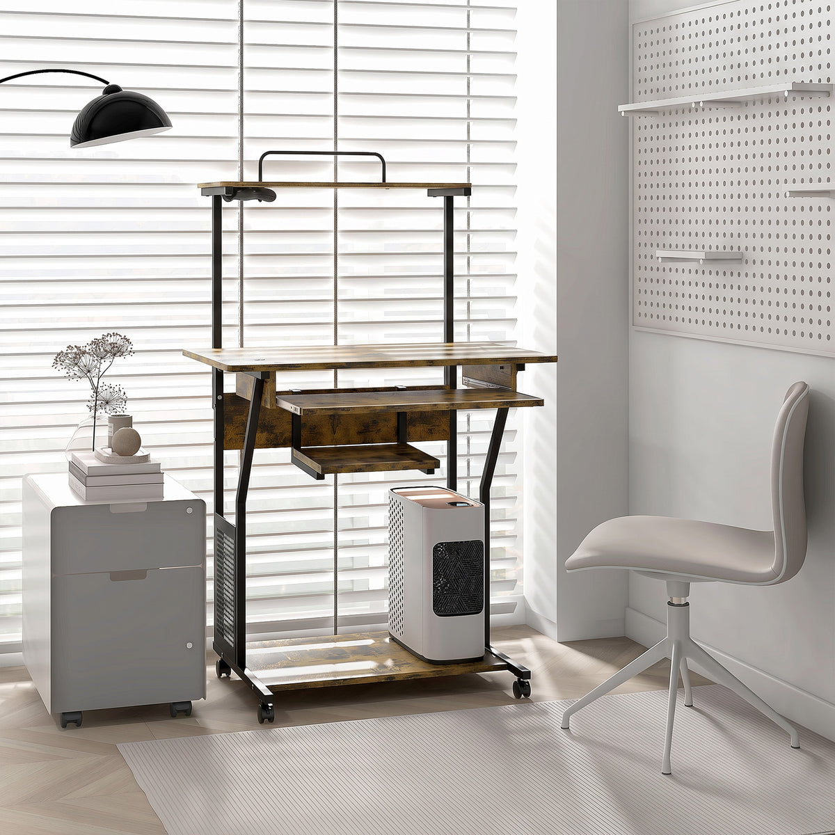 Bureau d'ordinateur roulant avec étagères de rangement, poste de travail et plateau pour clavier, 80x50x130cm, marron-1