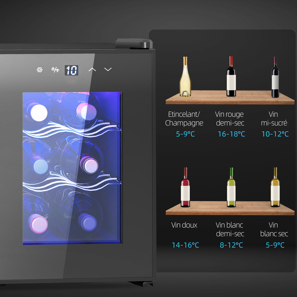 Cave à vin 6 bouteilles 17L haute performance température réglable 8-18° avec lumière LED panneau contrôle tactile noir-8