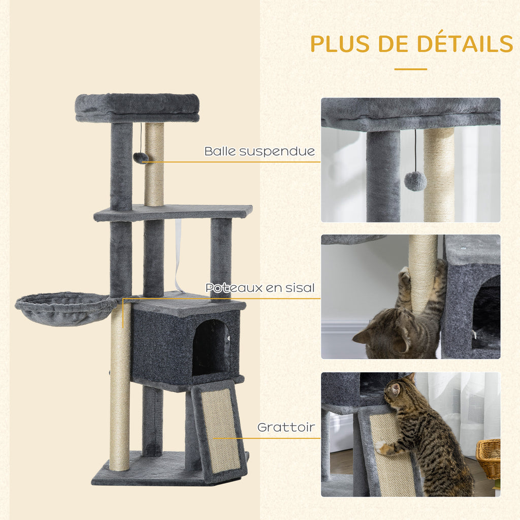Arbre à chat centre d'activités multi-équipé griffoirs grattoir jeu boule suspendue niche plateformes gris-4
