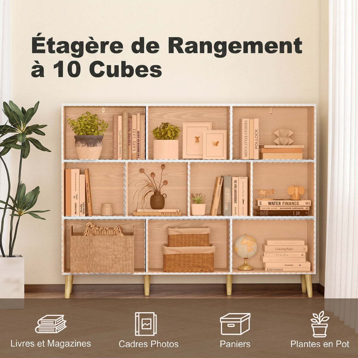 Bibliothèque à 3 Niveaux avec 10 Compartiments, Étagère de Rangement avec Pieds en Bois Massif, Effet Bois Blanc-3