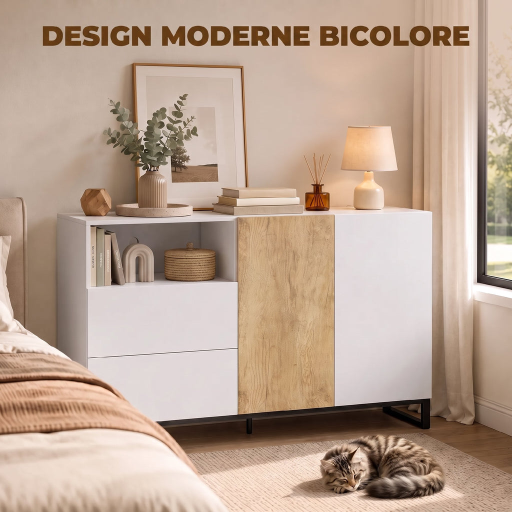 Buffet salon, meuble de rangement avec 2 portes à fermeture douce, 2 tiroirs et étagère réglable, blanc et chêne-3