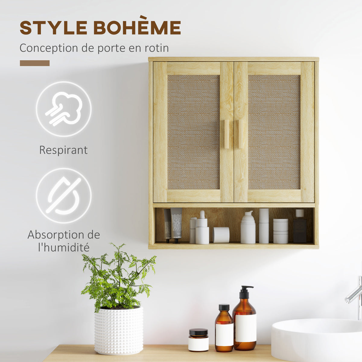 Meuble mural salle de bain meuble wc suspendu avec double porte et étagère ouverte 59 x 20 x 66,5 cm effet bois de chêne-3