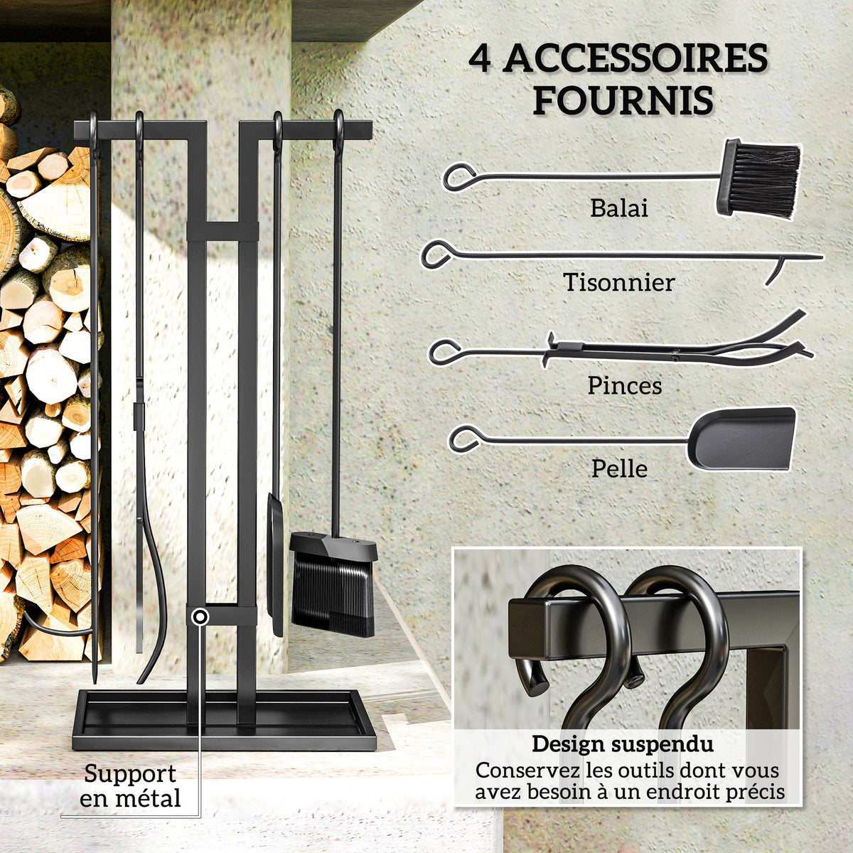 Ensemble serviteur de cheminée 5 pièces, outils de cheminée, en métal, balai, pelle, pince, tisonnier et support, noir-3