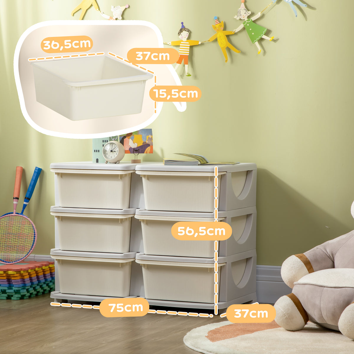 Organisateur de jouets pour enfants à 3 niveaux avec 6 tiroirs, boîtes de rangement en plastique, 75x37x56,5cm, crème-2