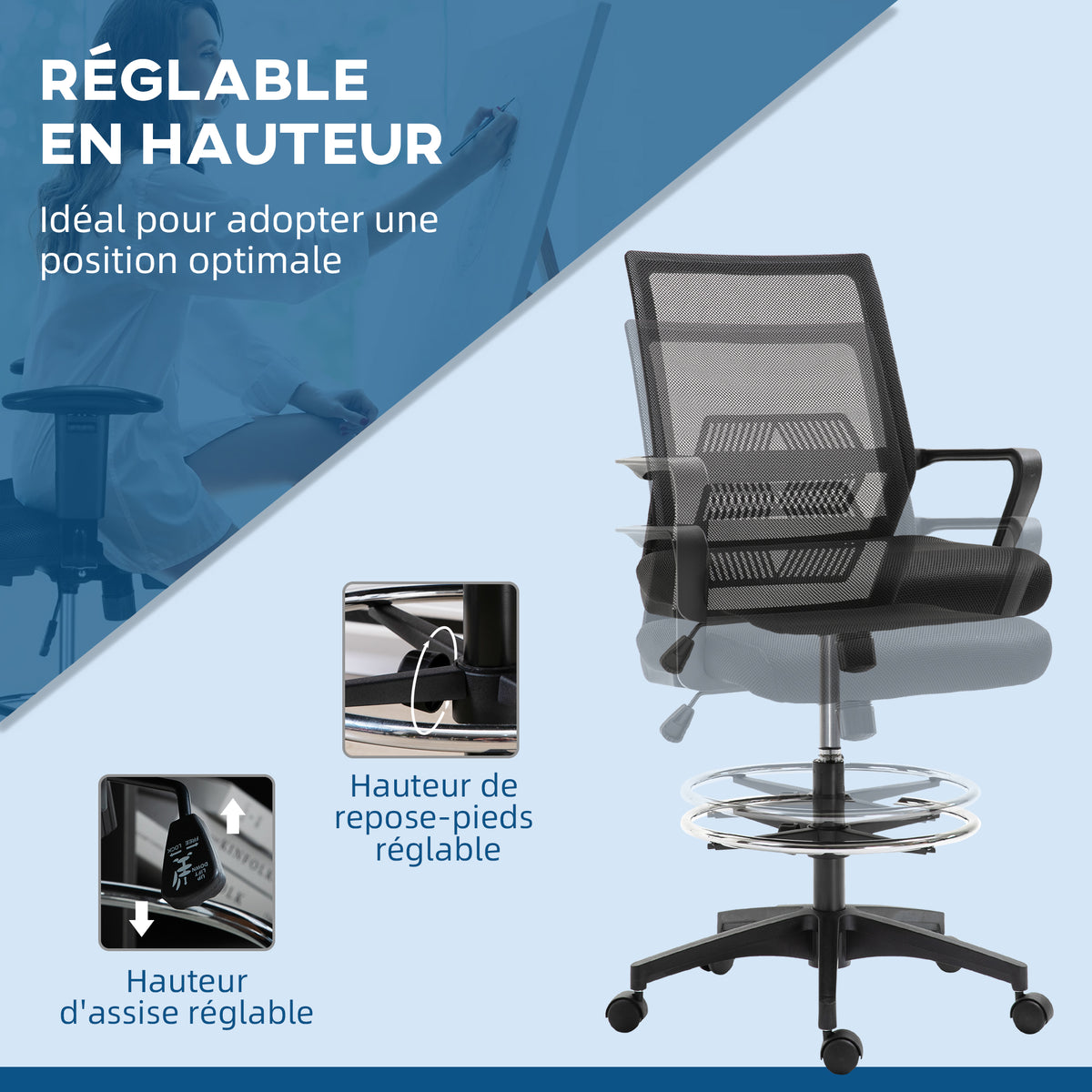 Lot de b2 fauteuils de bureau chaise de bureau assise haute réglable dim. 64L x 59l x 104-124H cm-3