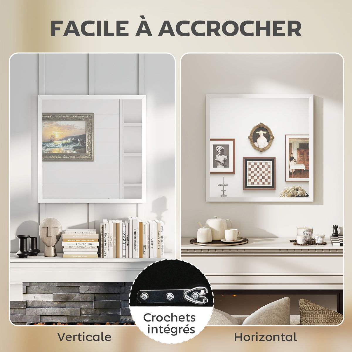Miroir mural carré 50 x 50 cm, cadre en bois blanc, idéal pour la salle de bain, salon ou chambre-4