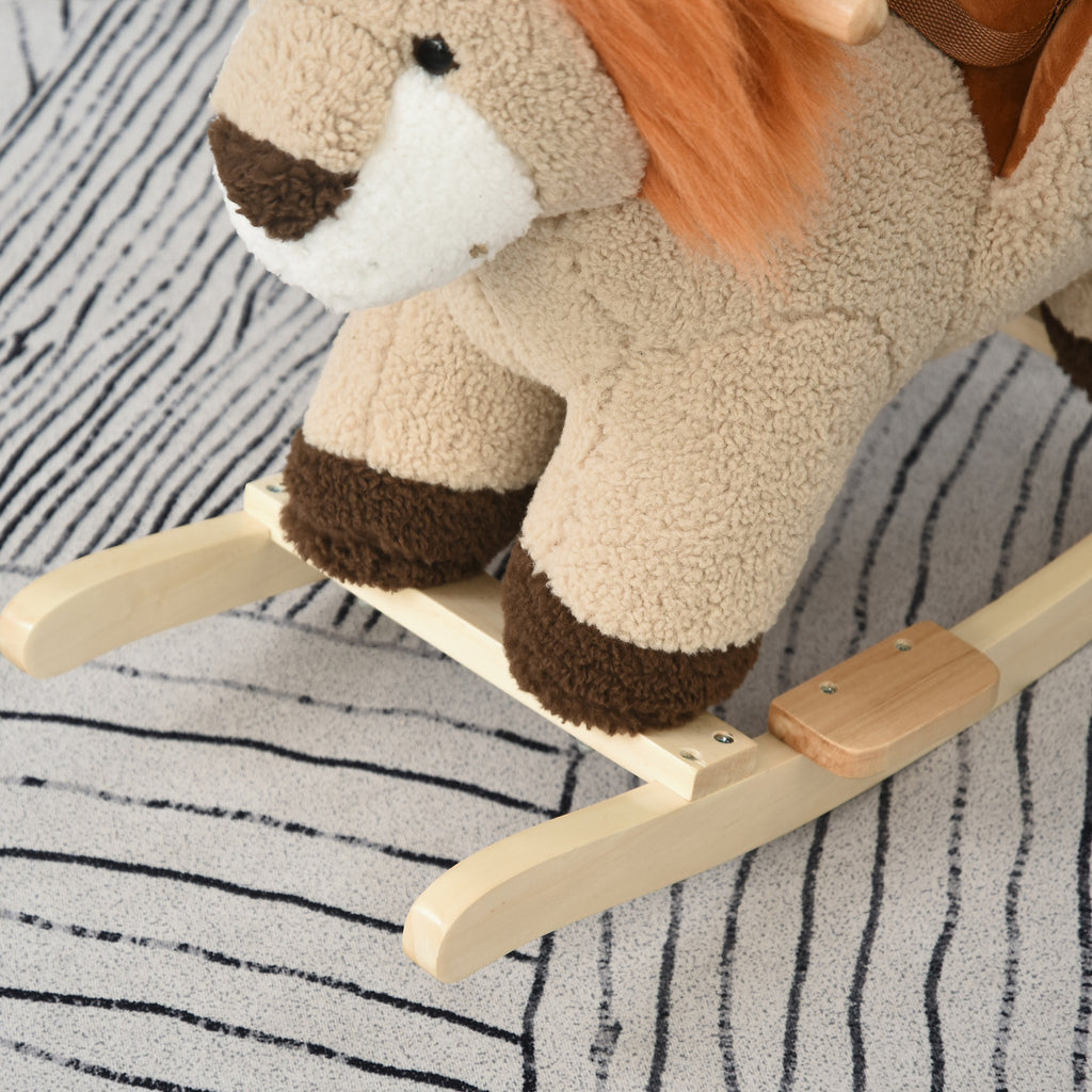 Cheval à Bascule modèle Lion Fonction Musicale Selle Grand Confort Peluche Courte Douce Pour Enfants 18-36 Mois Bois peuplier Marron dim. 68L x 35l x 50H cm-7